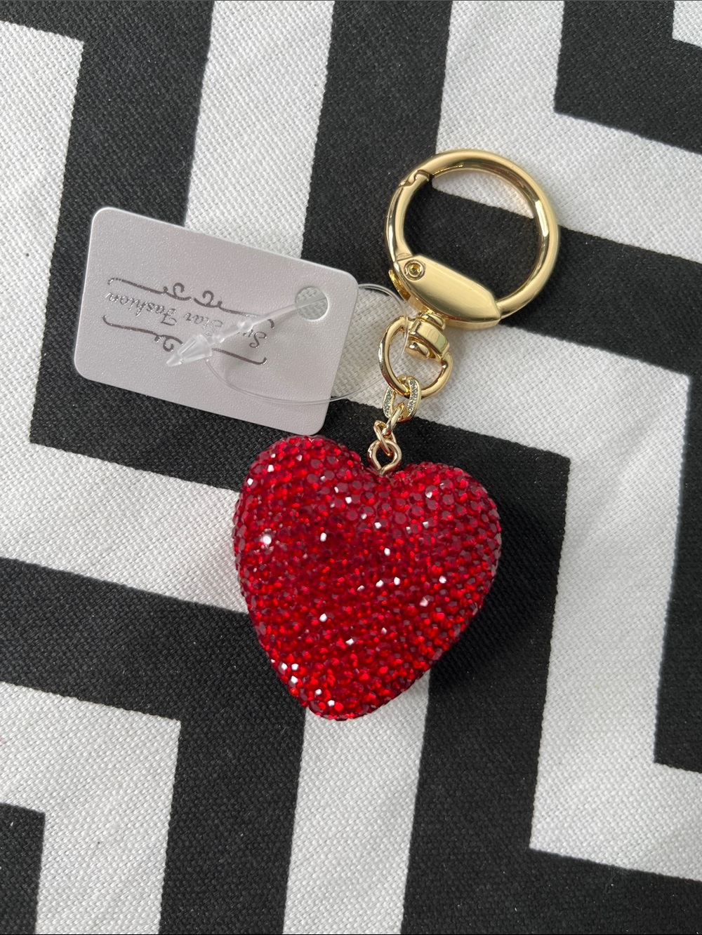 Gold Keyring with Puffy Red Rhinestone Heart Charm
